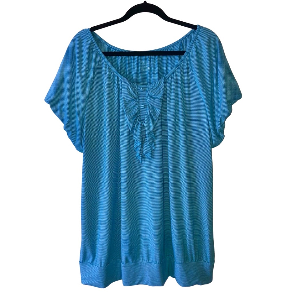 Lane Bryant Blue / White Striped, Ruffle Neck Tee - 22/24